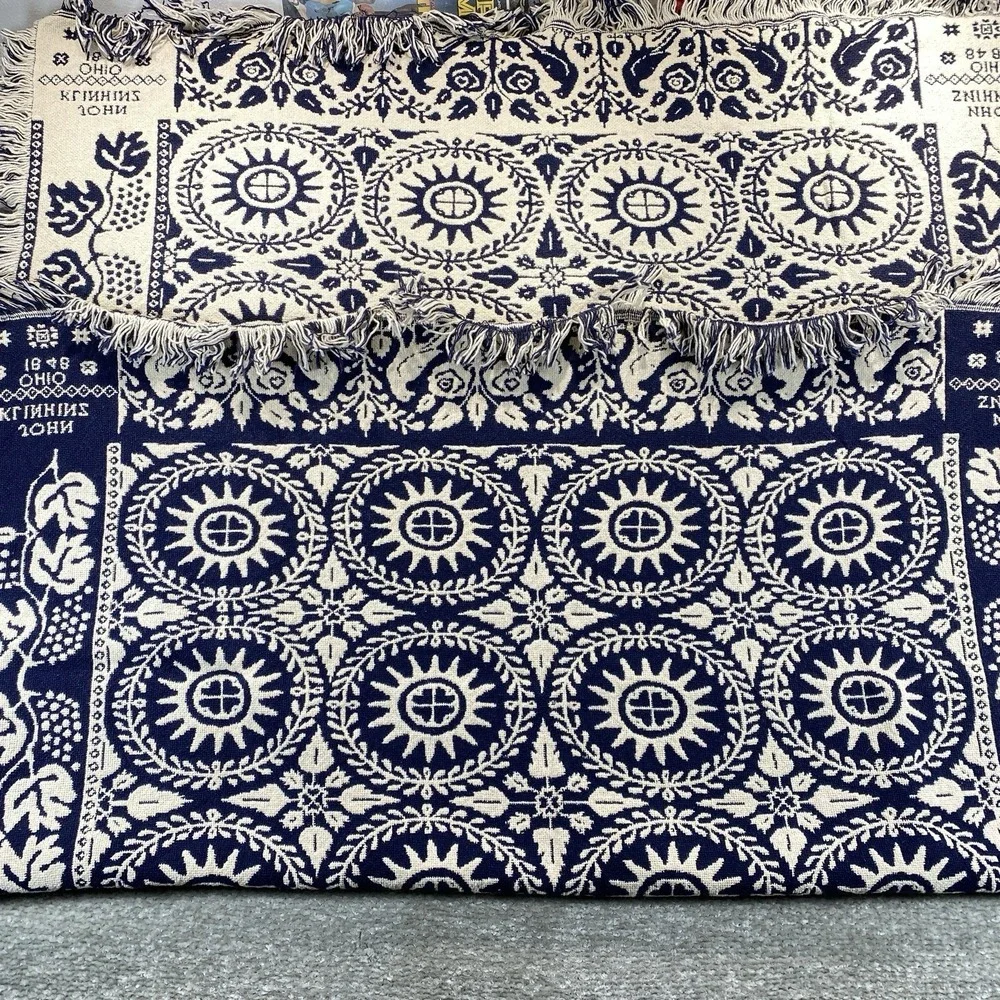 Repro John Klinhinz Ohio 1848 Reversible Cotton Throw Dark Navy/Cream 48